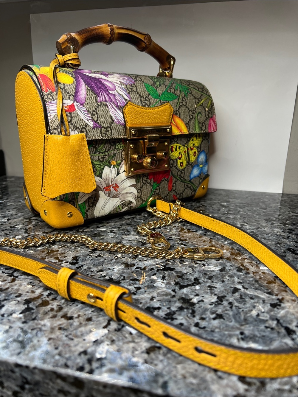 Gucci GG Flora Small Padlock Bamboo Bag Floral Coated Canvas and Yellow Leather - Picture 3 of 16